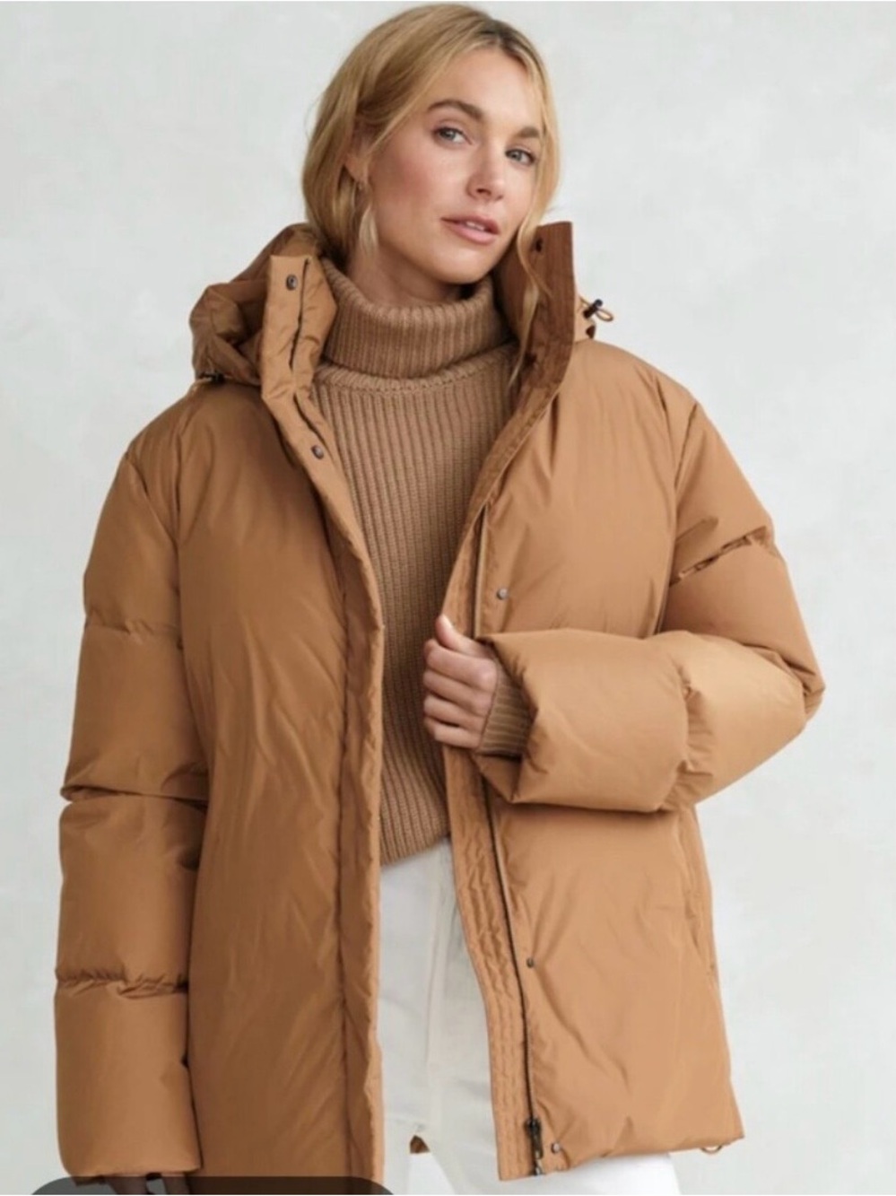 Jenni Kayne Down Puffer Jacket Women XXL Camel Khaki Brown Hooded Winter Coat